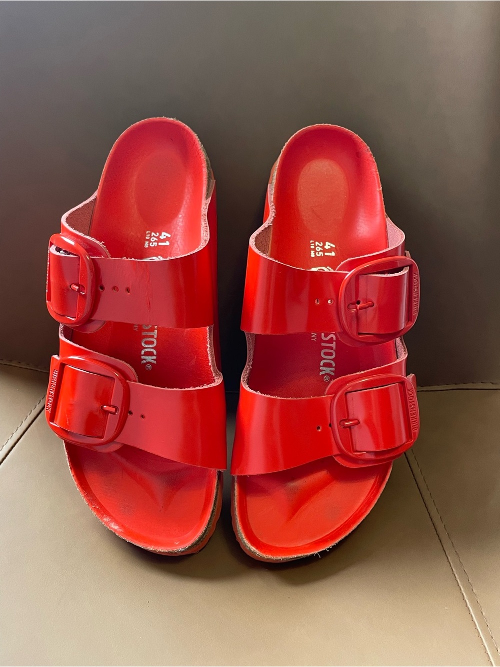 Birkenstock  Arizona Double Strap Sandal in Bright Red Patent
